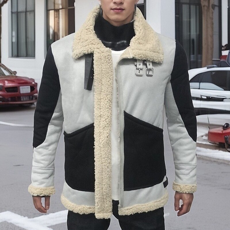 Men's Winter Jacket Sherpa Jacket Vacation Daily Thermal Warm Pocket Fleece Winter Color Block Fashion Streetwear Lapel Regular Blue Gray Jacket