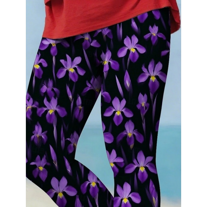 Women's Pants Trousers Leggings Streetwear Casual Full Length High Waist Floral Elastic Waist Print Breathability Comfortable Stretchy Vacation Street Daily Wear Purple Summer Spring Fall Regular Fit2