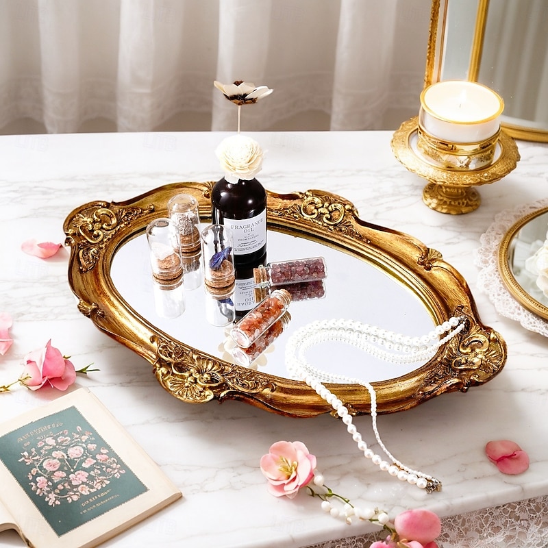 Vintage Oval Mirror Decorative Tray – Antique Copper Resin Makeup Vanity Organizer, Classic Palace Style Desktop Display, Photography Prop & Decor3