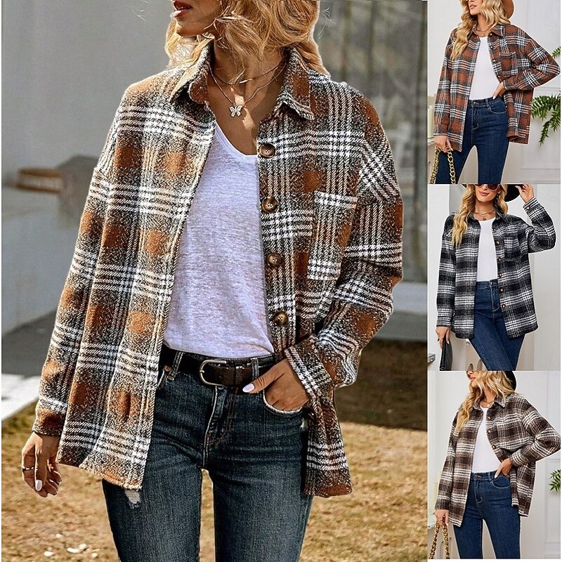 Women's Casual Jacket Shacket Comfortable Breathable Pocket Buttons Print Casual Plaid Vacation Street Casual Daily Wear Single Breasted Regular Turndown Loose Fit Long Sleeve Outerwear Black Brown