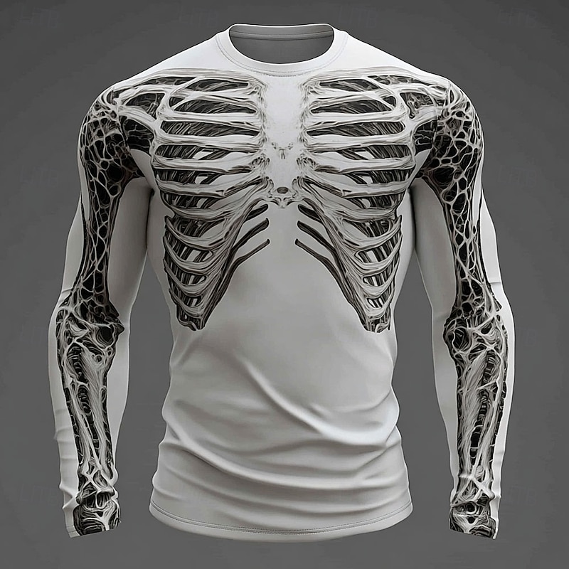 Halloween Men's 3D Skeleton T Shirt Long Sleeve T shirt 3D Print Crew Neck Shirt Fashion Exaggerated Street Casual Daily White Blue Orange Summer Spring Fall Clothing Apparel S M L XL XXL XXXL