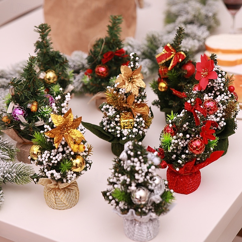 Mini Christmas Tree 20cm, Small Tabletop Xmas Tree with Ornaments for Desk, Home, Office, Holiday Party Decoration