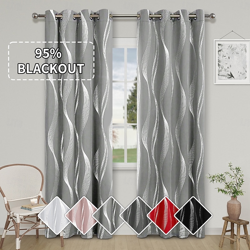 Silver Foil Wave Blackout Curtains for Living Room, High-Density Thermal Insulated Drapes, Sun-Blocking, Heat-Reducing Window Panels, Modern Home Decor