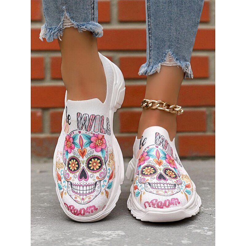 Women's Flyknit Slip-On Sneakers with Colorful Sugar Skull Print – Comfortable Casual Shoes for Halloween, Day of the Dead & Fall Parties4