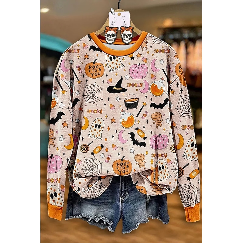 Halloween Women's Sweatshirts Pumpkin Graphic Skull Warm Vintage Casual Long Sleeve Crew Neck Round Neck Regular Tops Street Dailywear Print Orange Spring Fall Winter