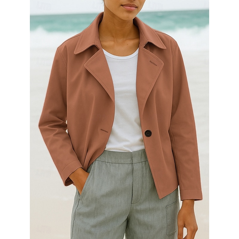 Women's Casual Jacket Comfortable Breathable Buttons Casual Plain Vacation Street Casual Daily Wear Single Breasted Short Turndown Regular Fit Long Sleeve Outerwear Black Blue Brown Spring Fall2
