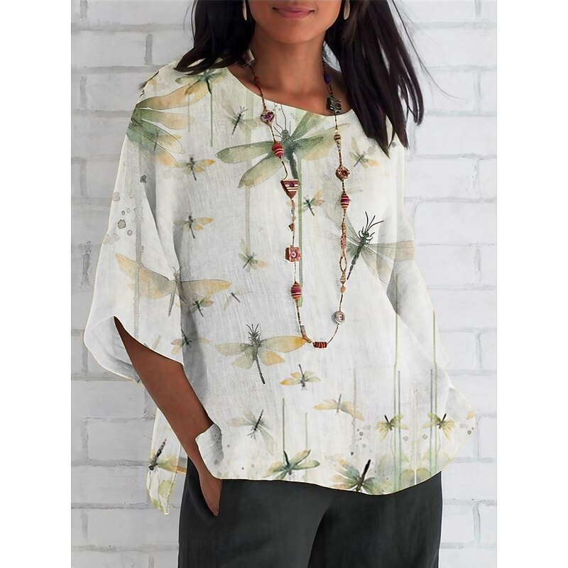 Women's Shirt Dragonfly Daily Casual 3/4 Length Sleeve Crew Neck Regular Tops Daily Holiday Print White Green Summer Spring Fall