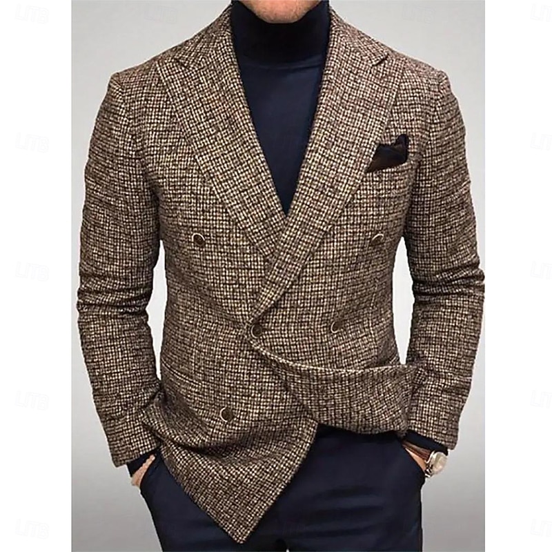 Men's Blazer Jacket Notch Collar Lightweight Striped Blazer Brown Standard Fit Double Breasted Six-buttons - Main Image
