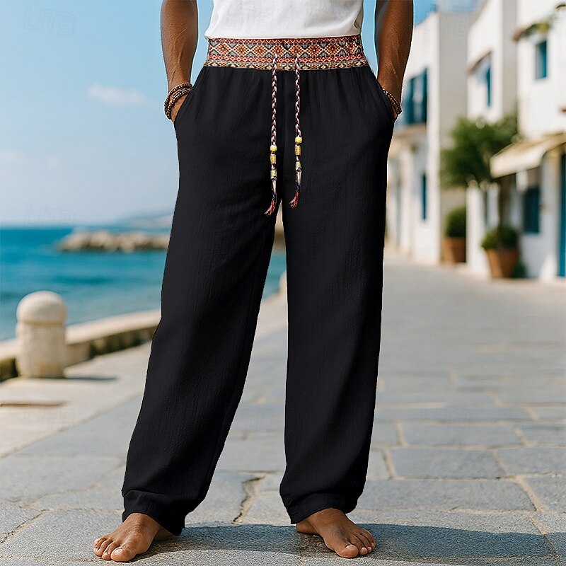 Men's Linen Pants Trousers Summer Pants Baggy Pants Boho Pants Drawstring Patchwork Elastic Waist Plain Comfort Breathable Full Length Outdoor Casual Daily Fashion Classic Style Black White Inelastic4
