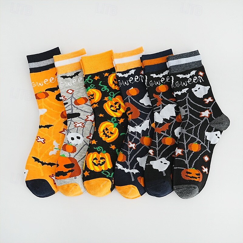 Unisex Halloween Novelty Socks with Pumpkin, Ghost, and Skull Patterns, Warm and Breathable Mid-Calf Socks for Autumn and Winter