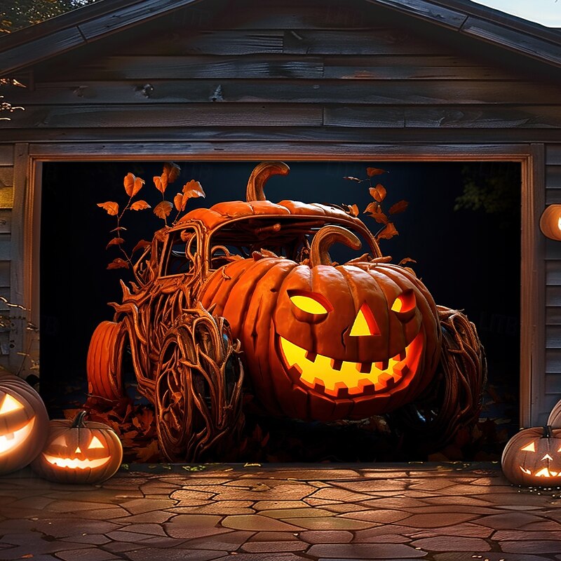 Halloween Garage Door Cover Large Hanging Backdrop Pumpkin Dark Punk Gothic Style Party Outdoor Shooting Backgrounds Front Door Home Decor