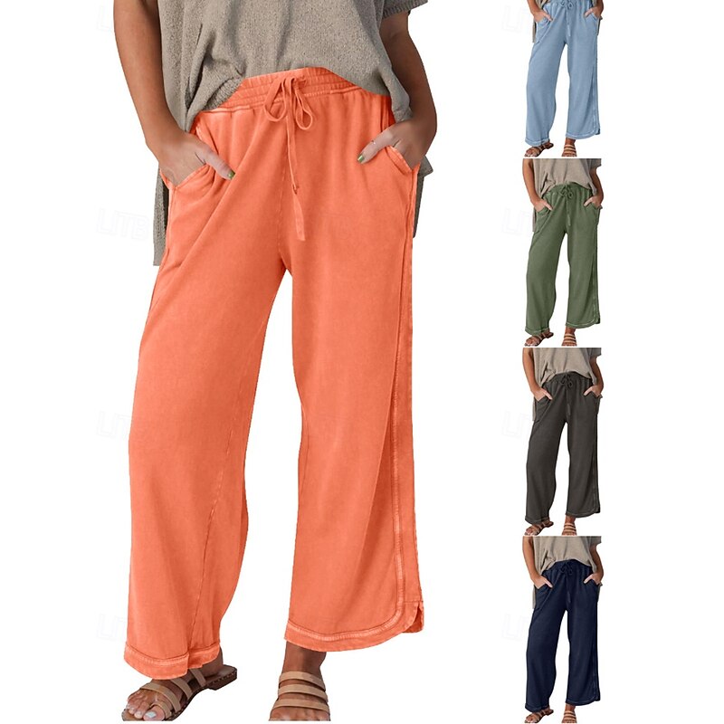 Women's Wide Leg Slacks Streetwear Casual Full Length Natural Plain Pocket Elastic Drawstring Design Comfortable Street Holiday Weekend dark brown Dark-Gray Orange red Black Fall Regular Fit - Main Image
