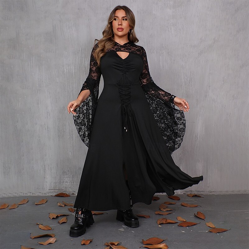 Punk & Gothic Maxi Dress Shrug Top Plus Size Bell Sleeve Witch Morticia Addams Lace Slit A-Line Fancy Dress Women's Halloween Carnival Performance Party Adults Dress2