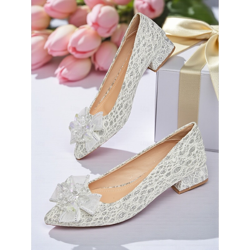 Women's Glitter Lace Low Block Heel Wedding Shoes - Elegant Pointed Toe Bridal Pumps with Crystal Bow for Bride, Bridesmaids and Formal Events