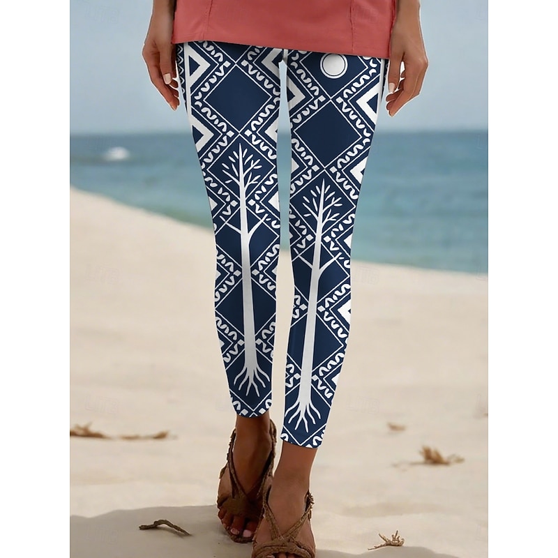 Women's Pants Trousers Leggings Ethnic Style Casual Full Length High Waist Geometric Elastic Waist Print Breathability Comfortable Stretchy Vacation Street Daily Wear Blue Summer Spring Fall Regular