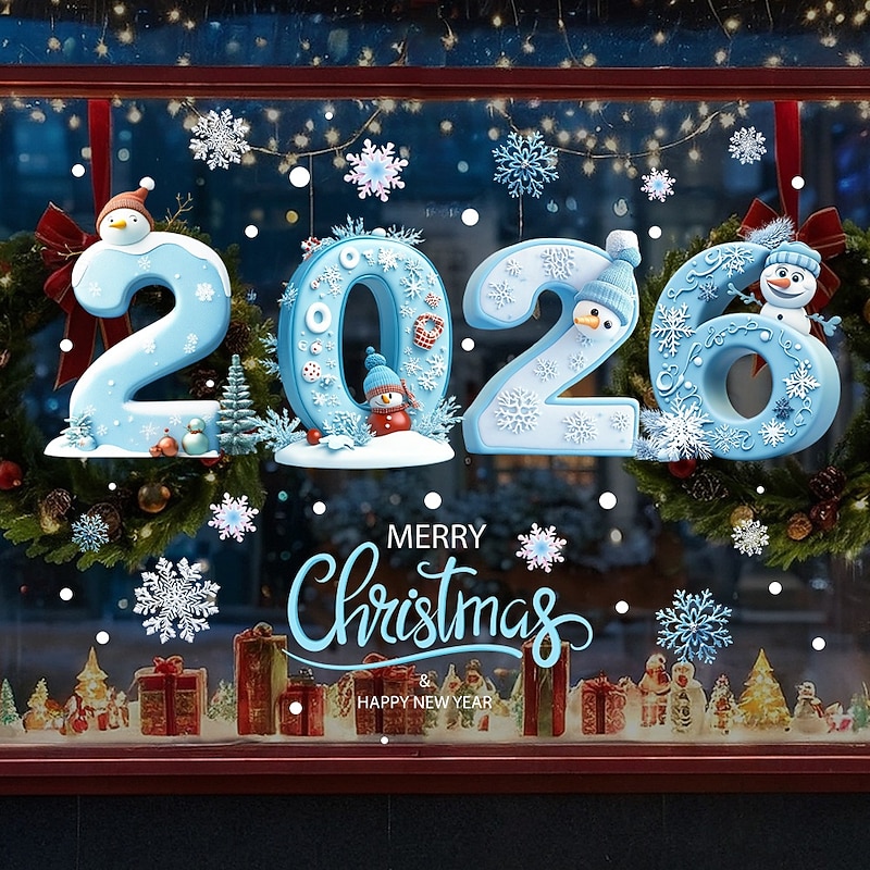 Christmas Window Clings Xmas Wall Sticker Frozen Snow 2026 Holiday Design Static Cling for Store Glass Door Window Decoration Festive Christmas Party Home Accessory