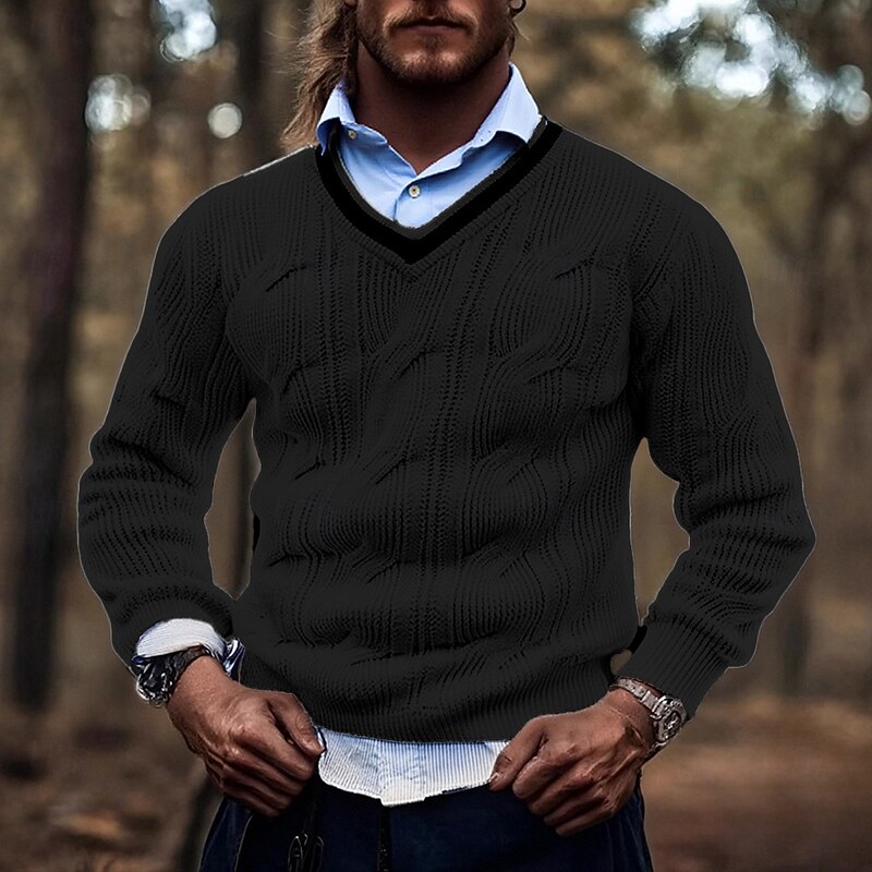 Men's Pullover Sweater Jumper Knit Sweater Ribbed Knit Regular Tops Knitted Plain V Neck Fashion Basic Vacation Daily Wear Clothing Apparel Fall Winter Black White M L XL4