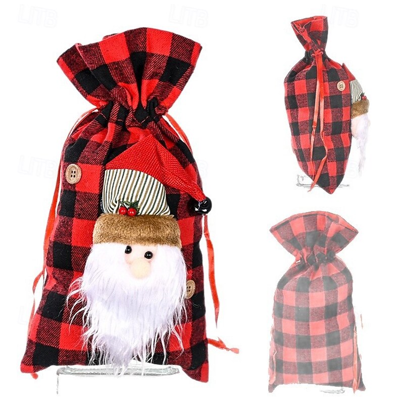 3pcs Christmas Gift Tote Bags, Red and Black Plaid, Kids Candy Bags, Holiday Party Favor Bags, Small Gift Apple Bags4