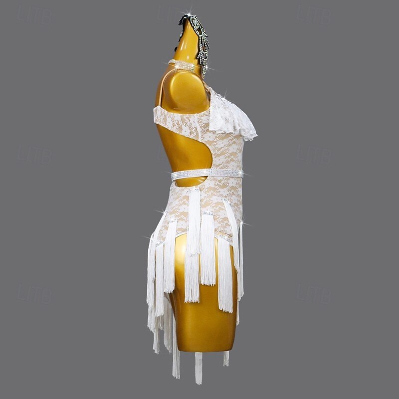 Latin Salsa Dance Dress Rhinestone Ruffles Tassel Women's Performance Training Sleeveless Spandex Lace3