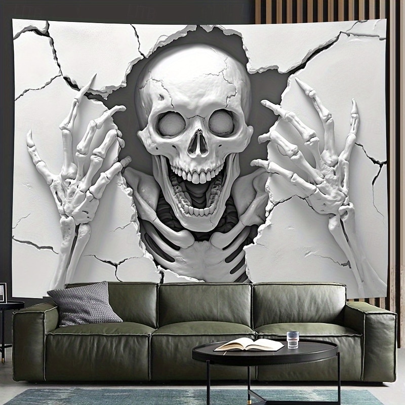 3D Skull Wall Tapestry – Horror Skeleton Breaking Through Wall Design, Gothic Halloween Decor Hanging for Bedroom or Gaming Room