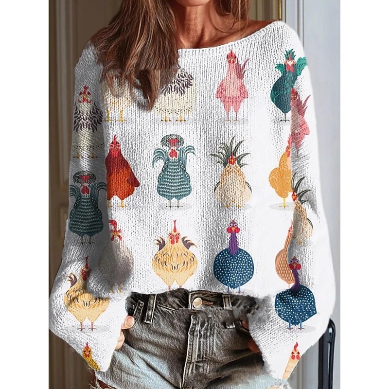 Women's Sweater Casual Soft Graphic Animal Ribbed Crew Neck Knitted Print Long Sleeve Regular Tops Knit Outdoor Daily Weekend White Yellow Fall Winter