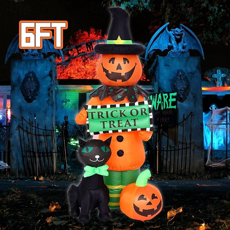 1 Pc 1.8M/5.91FT 2025 New Halloween Pumpkin and Black Cat LED Inflatable Air Model Indoor and Outdoor Courtyard Lawn Garden Party Festival Atmosphere Decorative Light US/EU/UK/AU Plug3