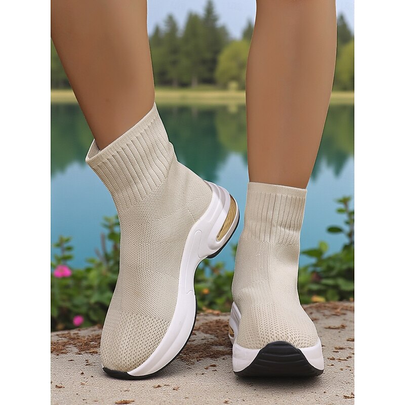 Women's Beige Flyknit Sock Boots with Platform Sole – Lightweight Casual Walking Shoes for Outdoor, Travel and Sports2