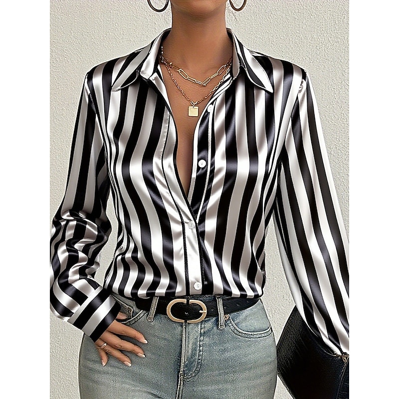 Women's Shirt Dressy Tops Formal Work Shirt Graphic Striped Elegant Stylish Casual Long Sleeve Collar Regular Tops Work Daily Black Red Brown Spring Fall Winter4
