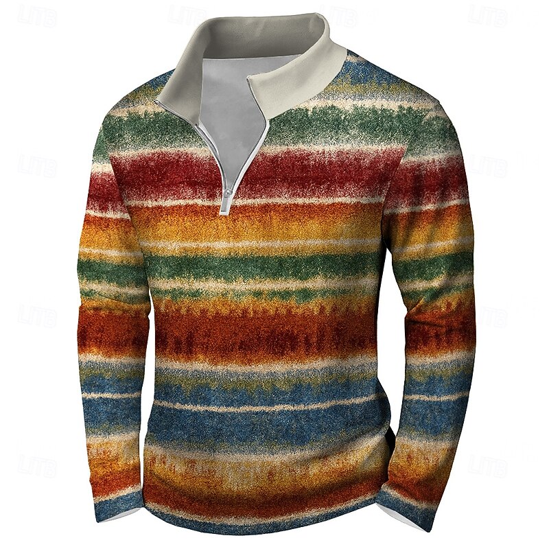 Men's Geometric Plaid Sweatshirt Sports Fashion Zip Home Party Work Brown Green Fall All Seasons Designer2