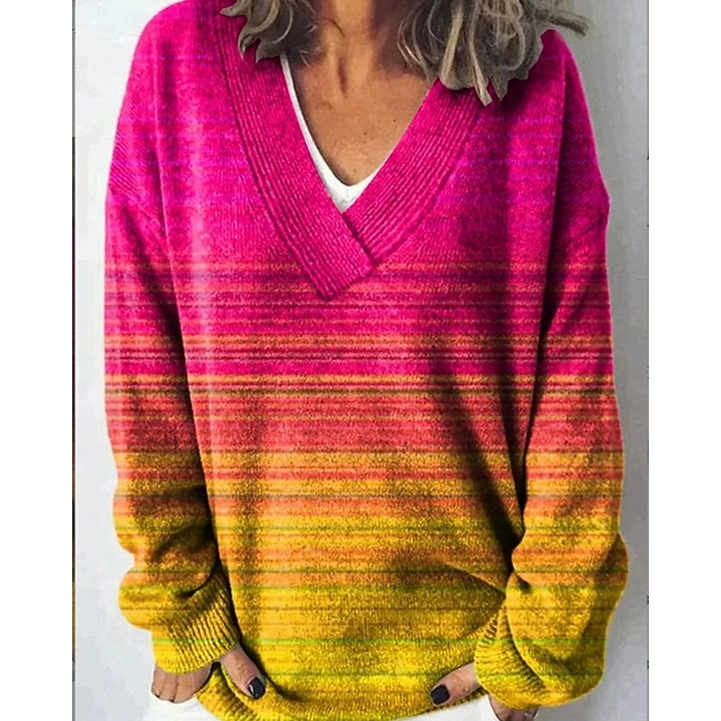 Women's Sweater Fashion Color Block Ribbed V Neck Knitted Long Sleeve Regular Tops Knit Holiday Going out Weekend Yellow Fall