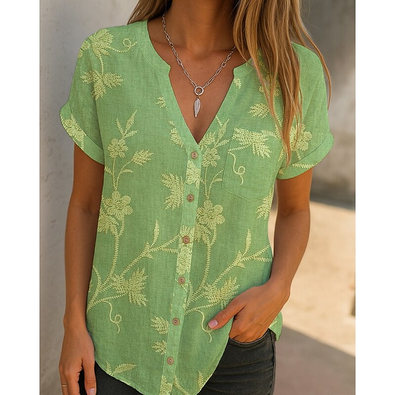 Women's Shirt Blouse Flower Modern Casual Short Sleeve V Neck Regular Tops Daily Holiday Buttons Print Grass Green Blue Purple Green Fall3