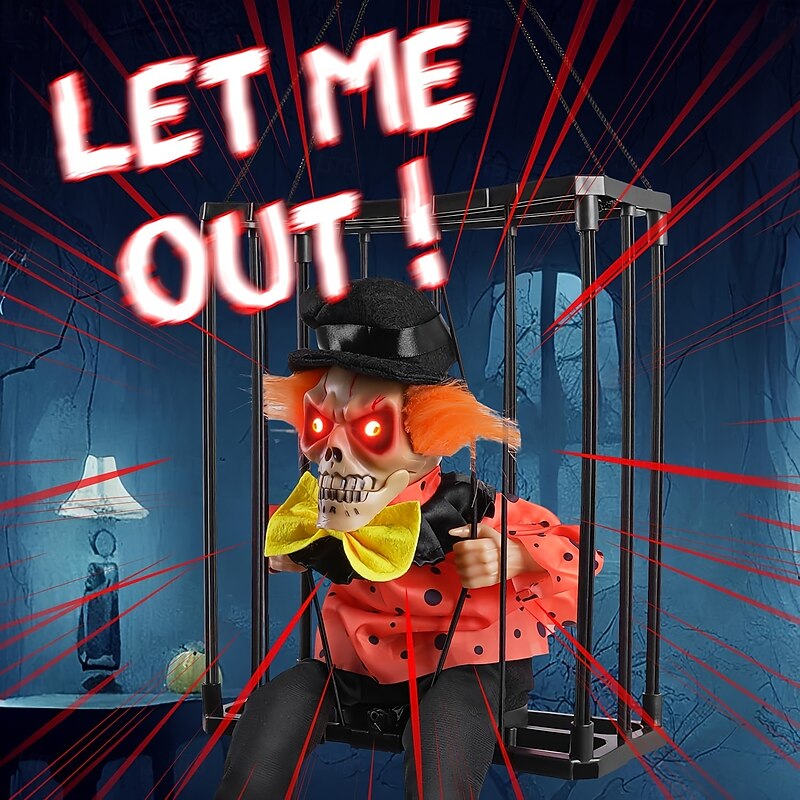 Halloween Animated Decoration, 1pc Motion-Sensor Activated Screaming Clown in Cage with Light-Up Eyes, Spooky Prisoner Ghost Prop for Indoor/Outdoor Decor, Plastic, No Batteries, AA Battery Operated (