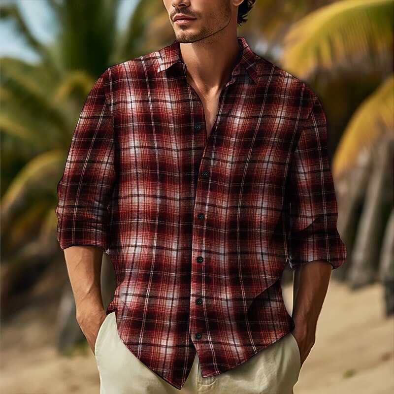 Men's Shirt Casual Shirt Plaid Shirt Button Up Shirt Yellow Wine Blue Long Sleeve Plaid Lapel Vacation Daily Clothing Apparel Fashion Casual2