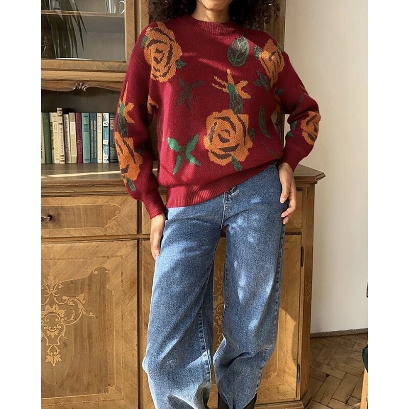 Women's Sweater Pullover Casual Floral Ribbed Crew Neck Knitted Print Long Sleeve Regular Tops Knit Christmas Daily Holiday White Wine Winter3