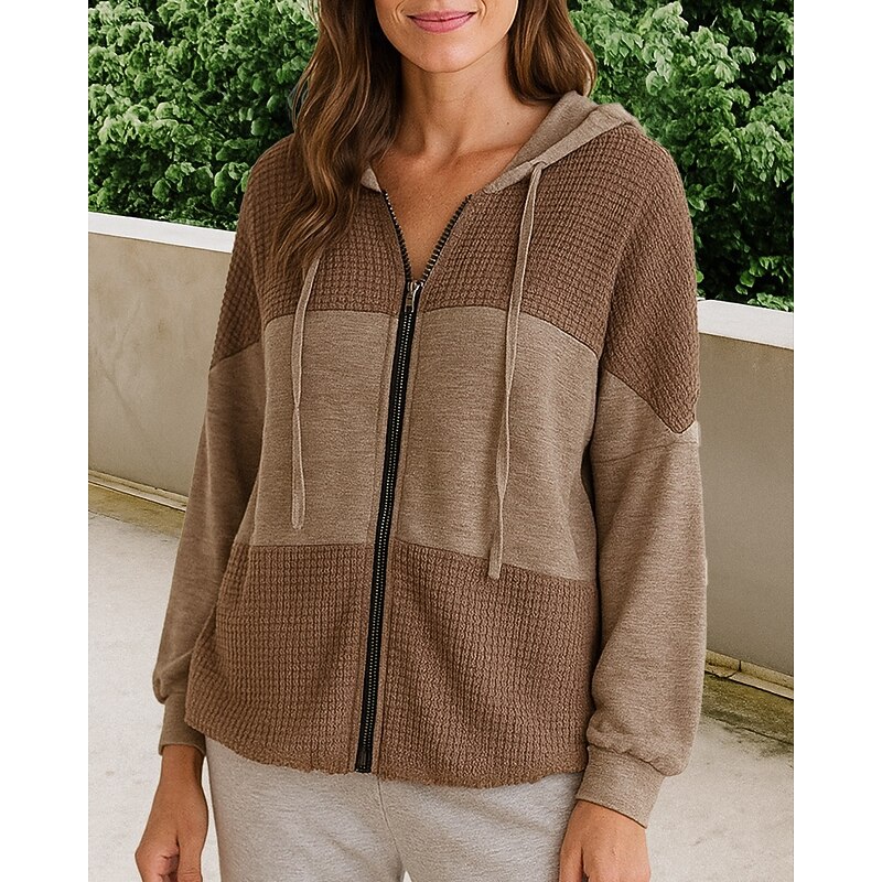 Women's Zip Up Sweatshirt Hooded Jacket Drawstring Long Sleeve Top Athleisure Color Block Outdoor Travel Sports Sportswear Activewear Black Blue Green3