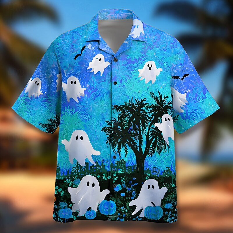 Halloween Men's Pumpkin Ghost Shirt Cuban Collar Shirt Button Up Shirt Short Sleeve Dark Punk Gothic Style Holiday Streetwear Summer Spring Camp Collar Shirt 3D Print Yellow Blue Orange Green2