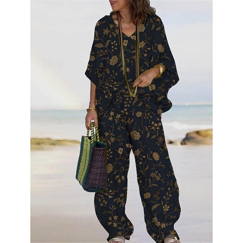 Women's Vacation Fashion Pants Sets 3/4 Length Sleeve V Neck Floral Print Vacation Daily Holiday Black Pink Summer Regular Fit3