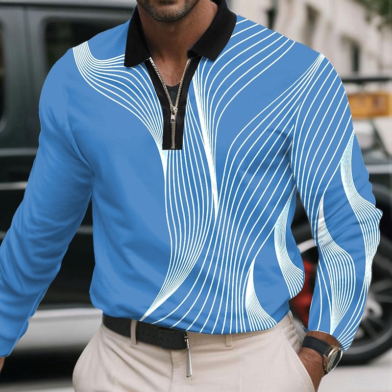Men's Geometric Line Polo Long Sleeve Polo Shirts Lapel Business Casual Athleisure Daily Wear 3D Print Quarter Zip Polo Spring Fall Winter Black White Blue4