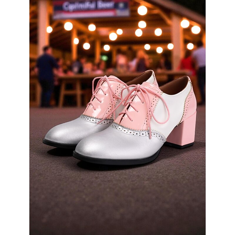 Women's 1950s Color Block Oxford Shoes - Green, Black and Silver Lace-Up Chunky Heel Vintage Style Dress Shoes for Office, Oktoberfest and Retro Fashion Outfits3