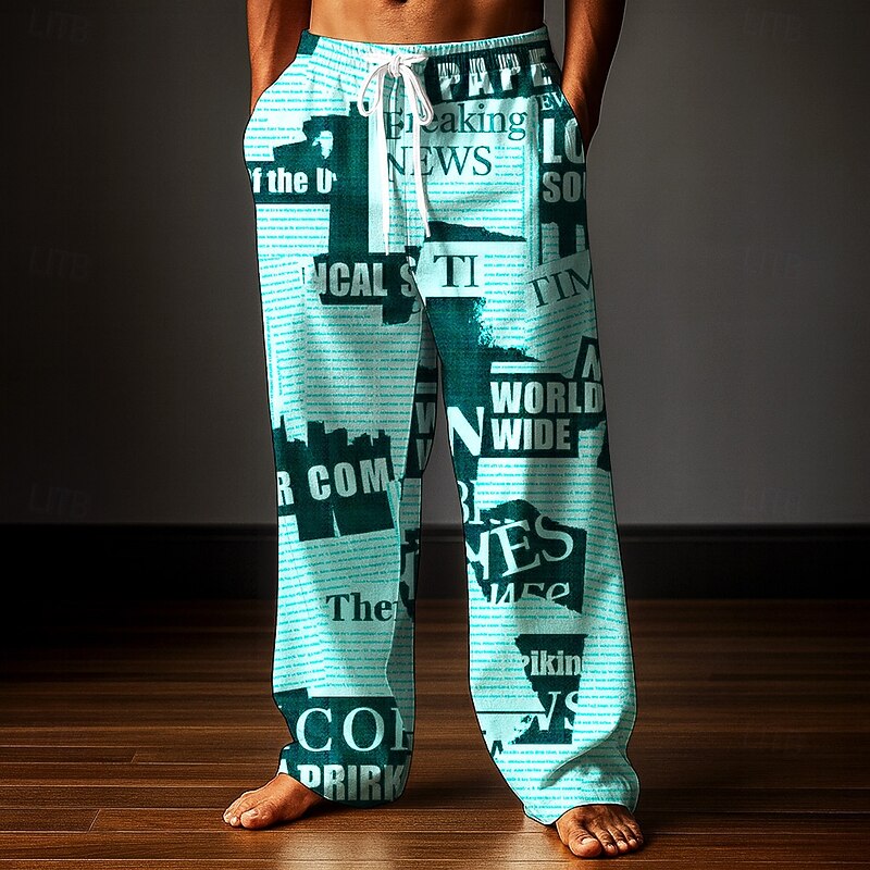 Men's Trousers Baggy Pants Casual Pants Elastic Drawstring Waist Linen-Like Pants with Pockets Newspaper Letter Print Full Length Outdoor Holiday Retro Vintage White Pink Inelastic4