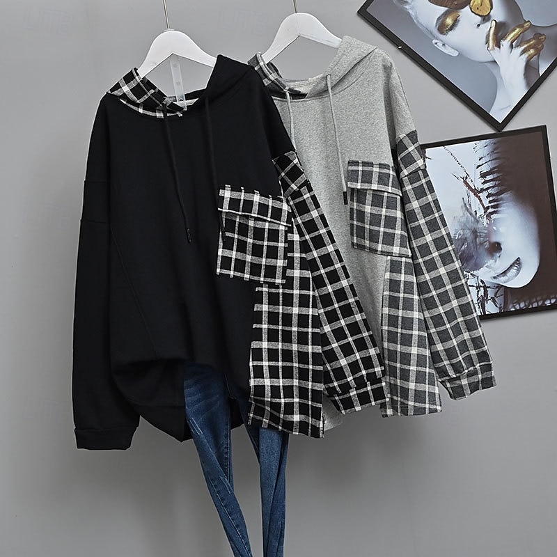 Women's Pullover Hoodie Sweatshirt Plaid Streetwear Casual Long Sleeve Hooded Regular Tops Street Holiday Patchwork Pocket Black Gray Fall