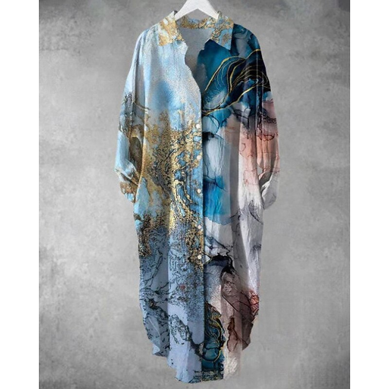 Women's Midi Dress Shirt Dress Casual Dress Fashion Modern Daily Beach Weekend Regular Fit Graphic Long Sleeve Shirt Collar Blue Green Spring Fall