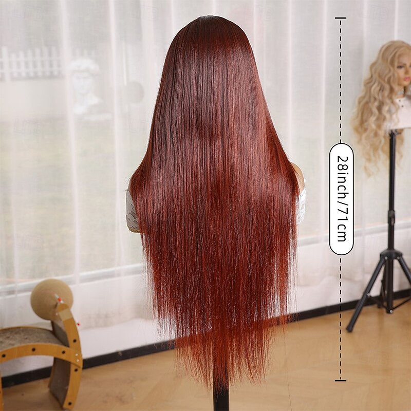 Synthetic Wig Yaki Straight Natural Straight Neat Bang Machine Made Wig 28 inch Dark Wine Synthetic Hair 28 inch Women's Soft Burgundy4