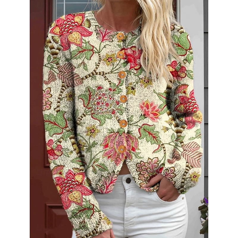 Women's Cardigan Sweater Knitted Ribbed Button Front Round Neck Long Sleeve Lightweight Daily Floral Graphic Geometric Buttons Print Regular Tops Knit Outdoor Weekend Pink Purple Spring Fall4