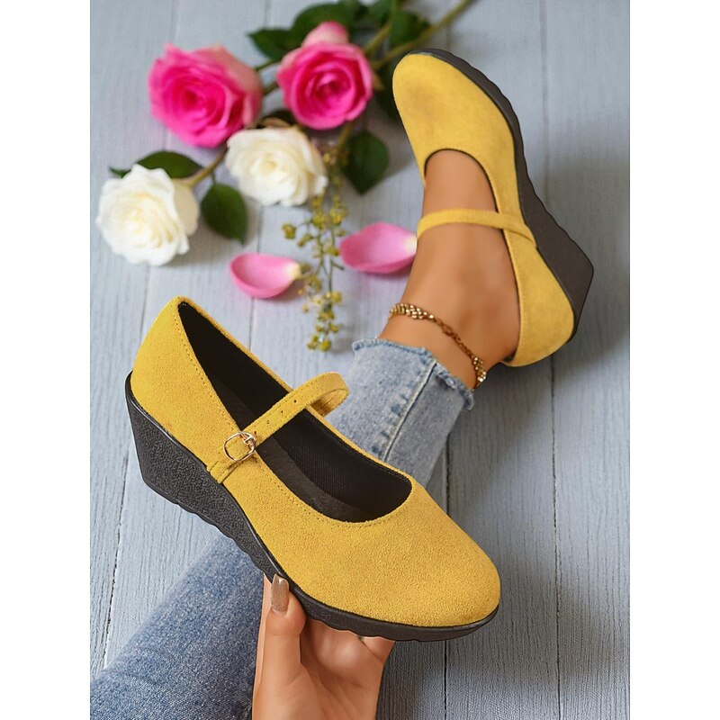 Women's Yellow Mary Jane Wedge Heels – Comfortable Round Toe Platform Shoes for Casual Outings and Office4