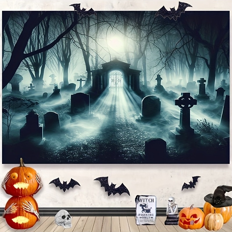 Haunted Graveyard Tapestry – Spooky Forest Cemetery Wall Hanging with Moonlight and Mist, Gothic Halloween Wall Decoration for Bedroom or Party Room