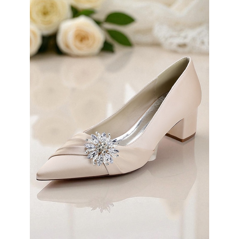 Women's White Low Block Heel Pumps with Crystal Embellishment - Elegant Formal Wedding and Cocktail Party Shoes4