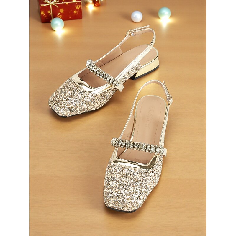 Women's Gold Glitter Square Toe Low Heel Mary Jane Shoes - Rhinestone Strap Party Flats for Nightlife and Christmas Holiday Events2