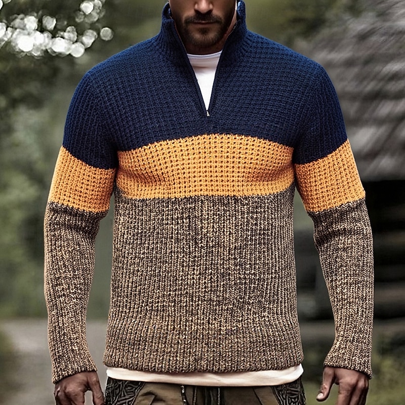 Men's Pullover Sweater Jumper Quarter Zip Sweaters Knit Sweater Ribbed Knit Regular Tops Knitted Color Block Half Zip Fashion Casual Vacation Daily Wear Clothing Apparel Fall Winter Yellow Gray S M L