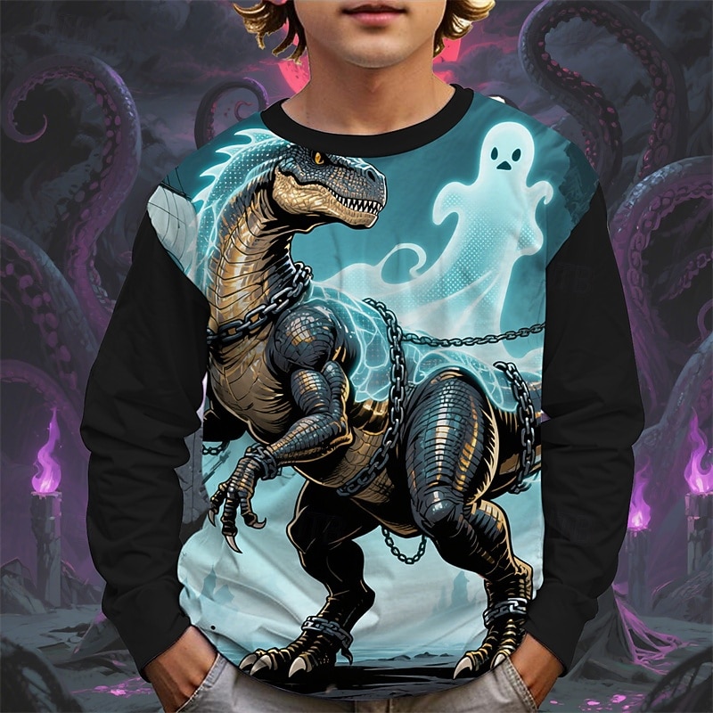 Halloween Boys' 3D Cartoon Dinosaur Ghost T shirt Tee Long Sleeve Spring Fall Fashion Basic Kids 4-12 Years Crew Neck Outdoor Casual Daily Regular Fit